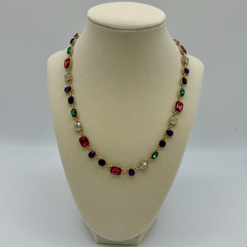 LOFT Women's Fashion Faux Gold & Multicolored Gemstone Necklace Adjustable Close